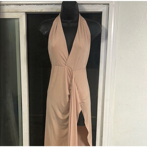 Naked Wardrobe Pink Ruched Halter Gown Midi Dress Pink Tan Night Out Party
